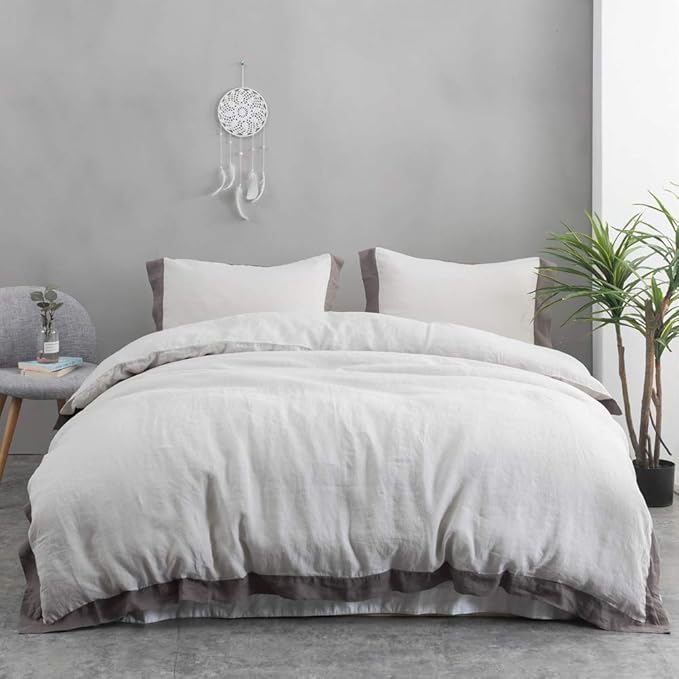Simple&Opulence 100% Linen Duvet Cover Set with Washed French Flax-King Size(104"x 92")- 3 Pieces (1 Comforter Cover,2 Pillowshams) Basic Border Design Premium Bedding Set Breathable,Grey and Brown