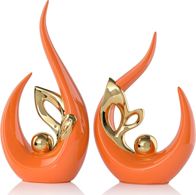 Orange Gold Home Decor Accent,Abstract Ceramic Statue and Sculptures for Living Room,Mid Century Modern Decor for Desktop Bookshelf tv Stand Fireplace Coffee Table Centerpieces Decorations