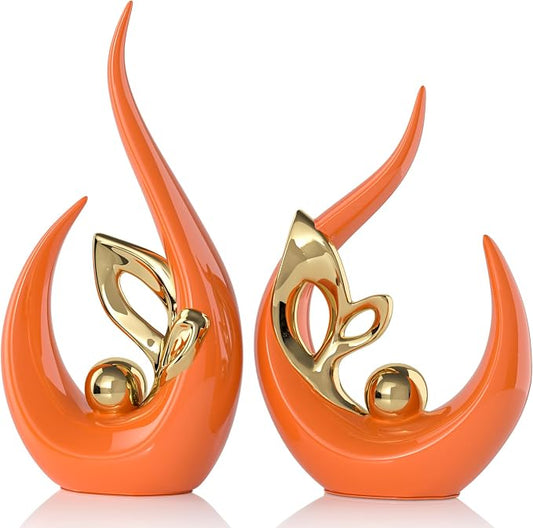 Orange Gold Home Decor Accent,Abstract Ceramic Statue and Sculptures for Living Room,Mid Century Modern Decor for Desktop Bookshelf tv Stand Fireplace Coffee Table Centerpieces Decorations