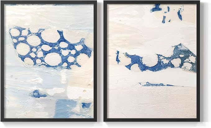 Renditions Gallery Set of 2 Peel & Stick Framed Prints, Textured Abstract Wall Art, White Blue Bubble Like Pattern Wall Decor, Re-Stickable - Ready to Hang - 22"x28" - Black Frame LT588