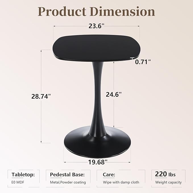 Black Square Dining Table,24" Tulip Table with Metal Pedestal,15-Minute Quick Assembly,Mid Century Modern Leisure Table for Kitchen Small Places Cafe (Black)