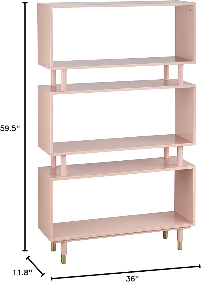 Margo 3 Tier Bookshelf, Mid Century Bookcase for Living Room, Bedroom Furniture & Home Office, Solid Wood Storage Shelves with Gold Legs, 59.5" Tall Modern Book Shelf, Pink