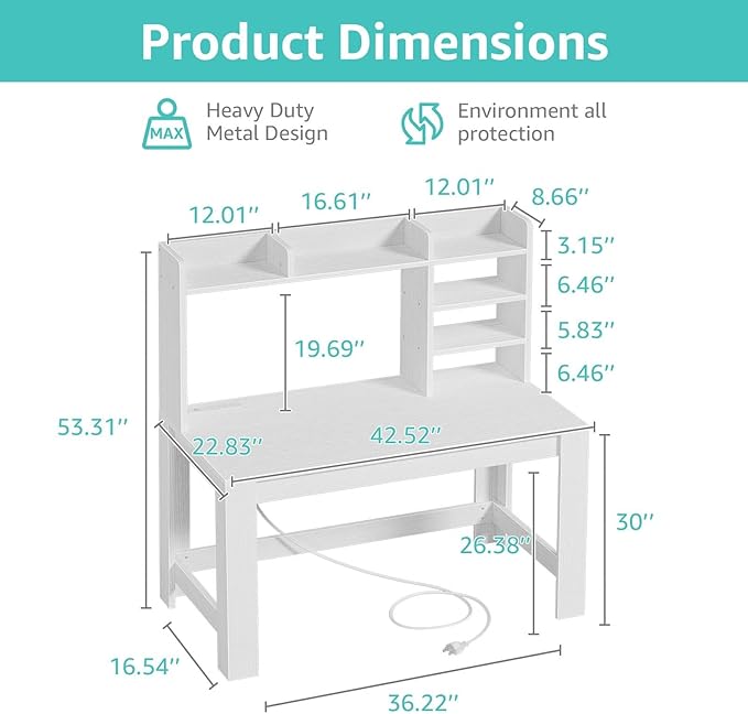 WINAZ White Computer Desk with Hutch and Power Outlet - 43 Inch Small Space Study Writing Table with Storage Shelves Monitor Stand, Modern Home Office Workstation Desks for Bedroom, Easy Assembly