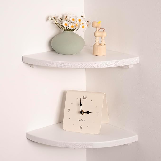Floating Corner Shelves White 10", Solid Oak Wall Mounted Wooden Display Storage Rack with Wire Hole for Plants, Photos, Speakers, Bedroom, Kitchen, Living Room Décor - 2-Pack