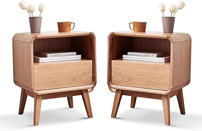 Solid Wood Nightstand Set of 2, Mid Century Modern Nightstands with Drawer, Small Nightstand with Open Storage, Small Bedside Table for Bedroom, Dormitory(Natural Wood Color)