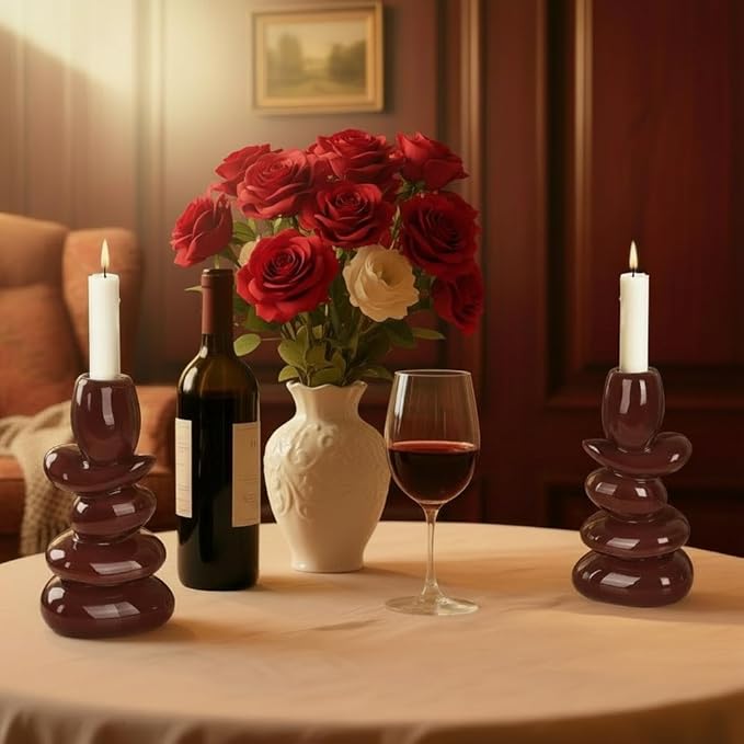 Faux Pebble Candlestick Holders, Set of 2 Taper Candle Holders Modern Farmhouse Candle Stick Holders for Home Decor Table Centerpieces,Fits 0.87'' Thick Candles (Coffee Brown)