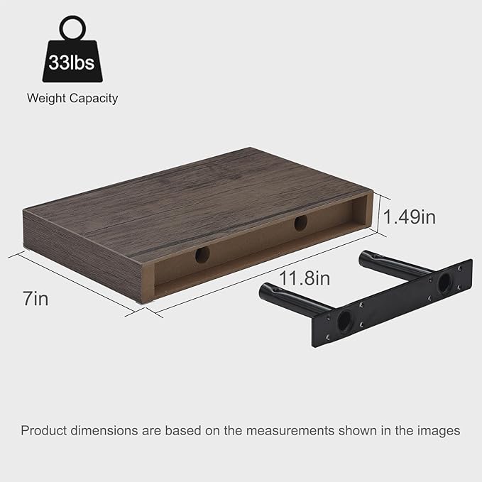 Bathroom Floating Shelves for Wall, Smoke Gray Small 11.8" Floating Shelf for Storage, Display and Farmhouse Rustic Home Decor, Perfect Over Toilet for Bedroom, Kitchen or Living Room, 2-Pack