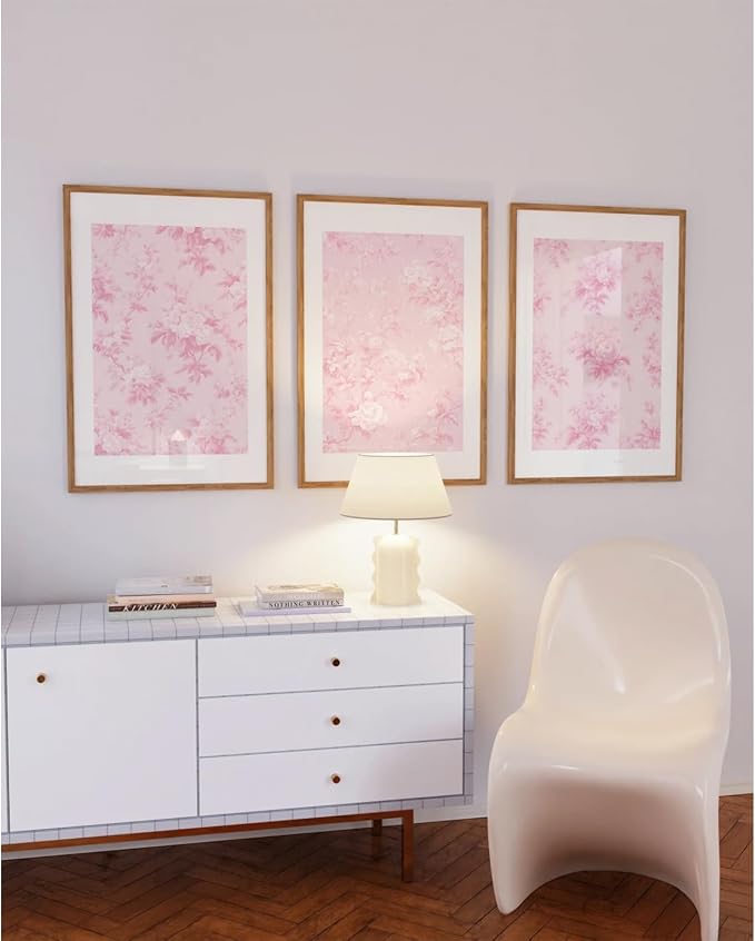 Baccone Pink Floral Wall Art Chinoiserie Flower Wall Decor Pictures Aesthetic Canvas Wall Art Love Shack Fancy Poster Vintage Floral Prints for Living Room Bedroom 16x24 Inch Unframed Set of 3