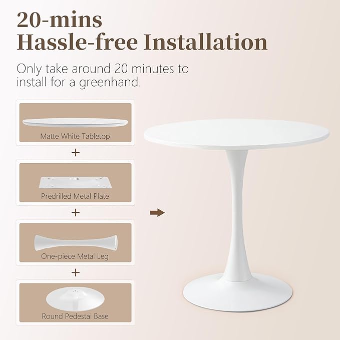 24 Inch Round Dining Table,Mid-Century Tulip Table with Metal Pedestal Base,Modern Leisure Table for Small Space Kitchen Dining Room,Easy Assembly,White
