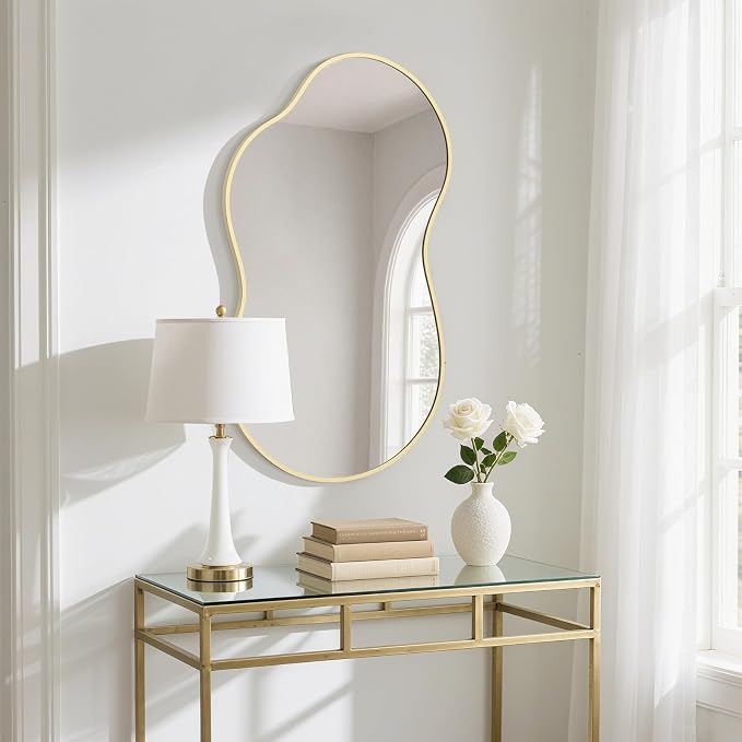 HOMECOOKIN 36" H x 20" W Irregular Wall Mirror, Asymmetrical Decorative Mirror with Gold Aluminum Frame, Wavy Abstract Gold Mirror, for Living Room, Bedroom, Bathroom, Entryway, Cloakroom