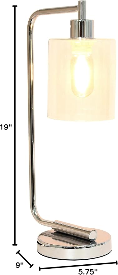 Simple Designs LD1036-CHR Bronson Antique Style Industrial Iron Lantern Desk Bedside Glass Shade Table Lamp, Chrome