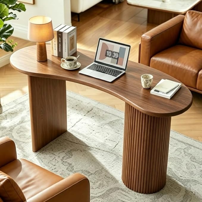 LEVNARY 54.3" Curved Small Computer Desk, Wooden Executive Desk with Sturdy Fluted Legs, Modern Luxury Corner Single Writing Vanity Desk for Bedroom Living Room Home Office (Walnut)