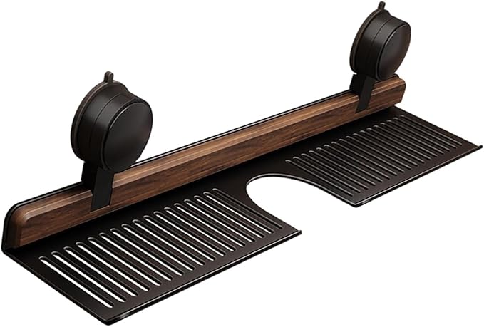 Walnut Bathroom Suction Cup Shelf - Wall Mounted Sink Shelf Over Faucet for Bathroom & Kitchen, Removable Suction Cup Sink Over Faucet Organizer, Floating Storage Countertop Shelves (Black_40CM)