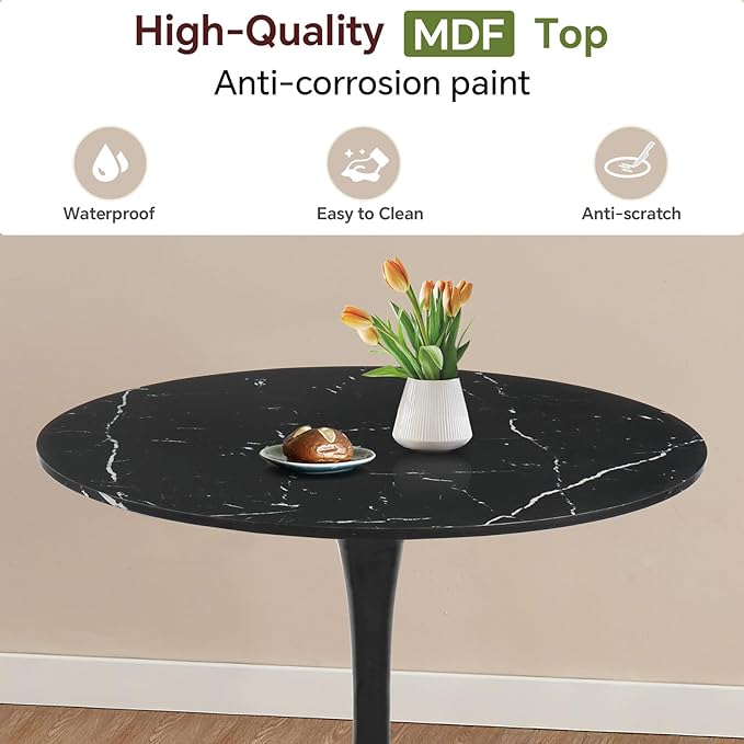 Round Dining Table 31.5" Faux Marble Black Tulip Table with Pedestal Base for 2-4 People Small Space - Kitchen Living Room Cafe