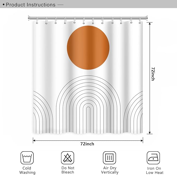Abstract Mid Century Bohemian Bathroom Shower Curtain - Orange Sun Lines Arch - Waterproof Polyester - Minimalist Home Decor, 72x72 Inch