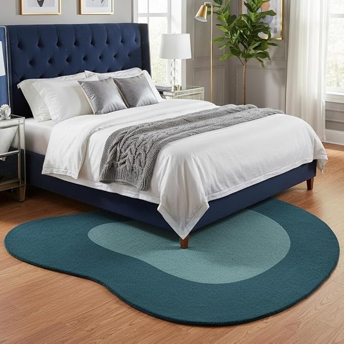 Minimalist Irregular Area Rug 5ft Modern Abstract Shaped Rug for Living Room Bedroom Diningroom Non Slip Washable Carpet Boho Art Home Office Guestroom Easy Clean Stain Resistant Floor Mat Teal Blue