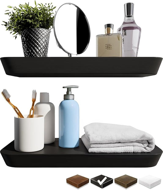 Black Floating Shelves for Wall 16 inch(Set of 2) -Premium Small Wooden Shelf - Natural Wood Floating Shelves for Bathroom & Kitchen -Solid Wood Shelving Wall Mounted -8inch deep Hanging Shelf