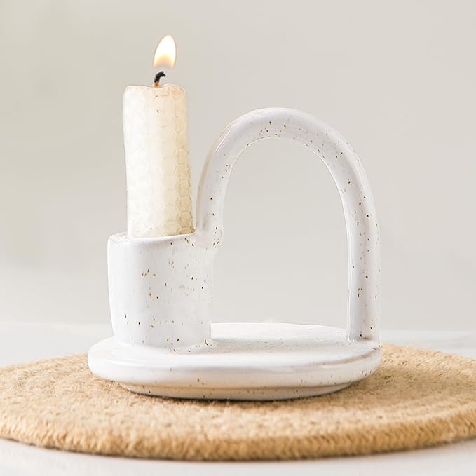 Candle Holder, Ceramic Candle Holder, Christamas Candlestick Holder, for Taper Candles, Vintage Home Decor - White Taper Holder with Handle and Spots - Rustic Style
