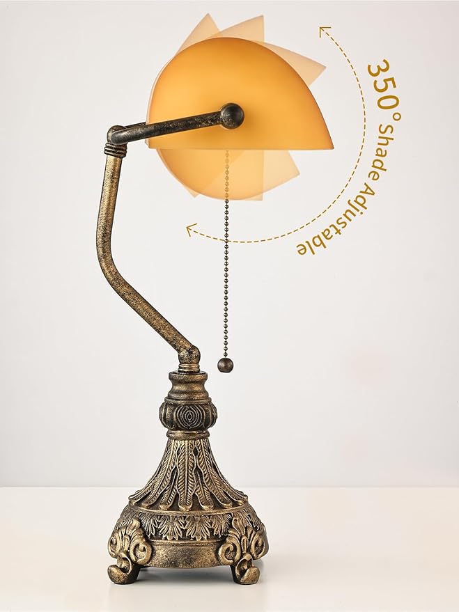Vintage Amber Glass Bankers Desk Lamp for Home Office,Library with Pull Chain Switch Plug in Fixture, LED Bulb Included