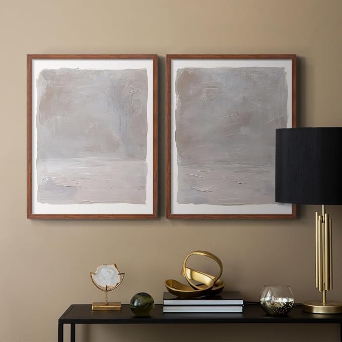 Renditions Gallery Set of 2 Peel & Stick Framed Prints, Watercolor Abstract Wall Art, Neutral Tones Textured Brushstrokes Wall Decor, Re-Stickable - Ready to Hang - 22"x28" - Walnut Frame LT588