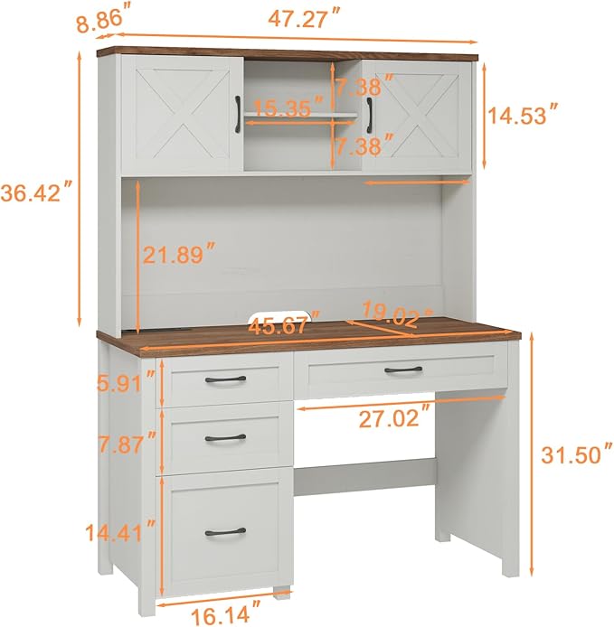 Farmhouse 67" H Executive Desk with Hutch,Office Table with 4 Drawers and LED light, Computer Desk with Storage Cabinet & File Drawers and Charging Station, Wood Workstation for Home Office and Study