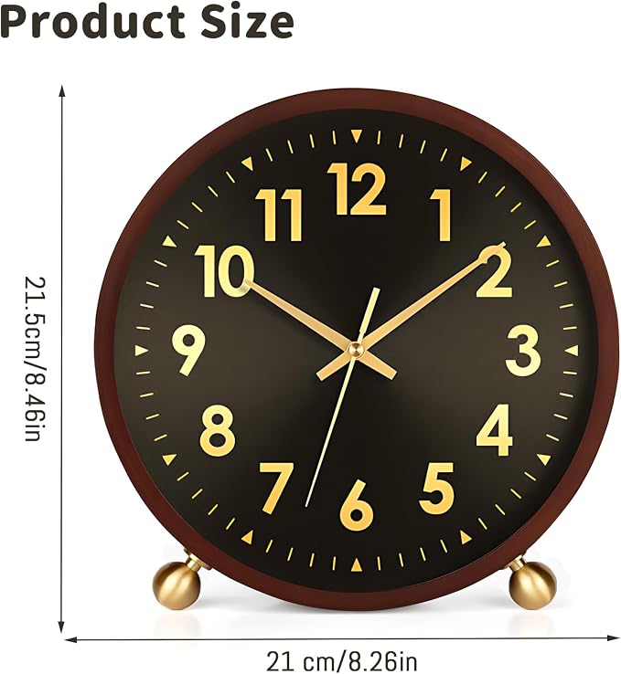 Maxspace Wooden Table Clock,8in Silent Non-Ticking Desk Clockwith Gold Ball Base, Battery Operated Desktop Analog Clock for Living Room Office Bedroom Decor (Black Gold - Walnut, Copper Ball Base)