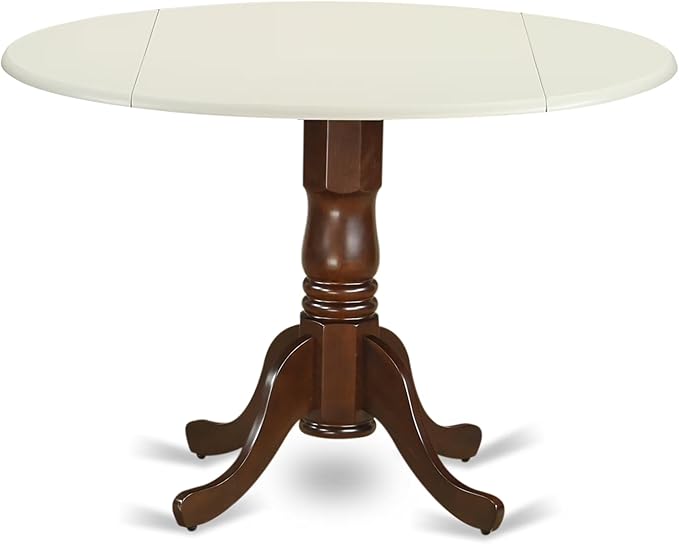 East West Furniture DLT-LMA-TP Dublin Modern Kitchen Table - a Round Dining Table Top with Dropleaf & Pedestal Base, 42x42 Inch, Linen White & Mahogany