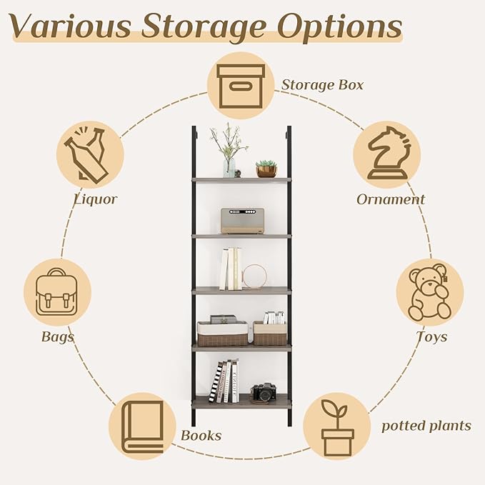 Karl home Ladder Shelf 5 Tier Wall Mounted Bookcase with Metal Frame, Open Design Shelves for Living Room, Bedroom, Home, Gray (23.62" L x 11.81" W x 70.87" H)