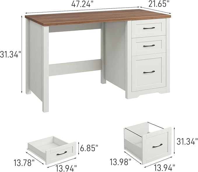 Vabches Farmhouse 47” Executive Desk with File Drawer, Mutual Installation Rustic Computer Desk with 2 Storage Drawers,Office Home Workstation for Study Work Writing, Unique White
