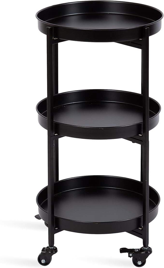 Kate and Laurel Celia Modern 3-Tier Bar Cart; 16 x 16 x 29; Black; Decorative Round Rolling Serving Cart with Lockable Wheels and Three Tiers of Storage and Display Space