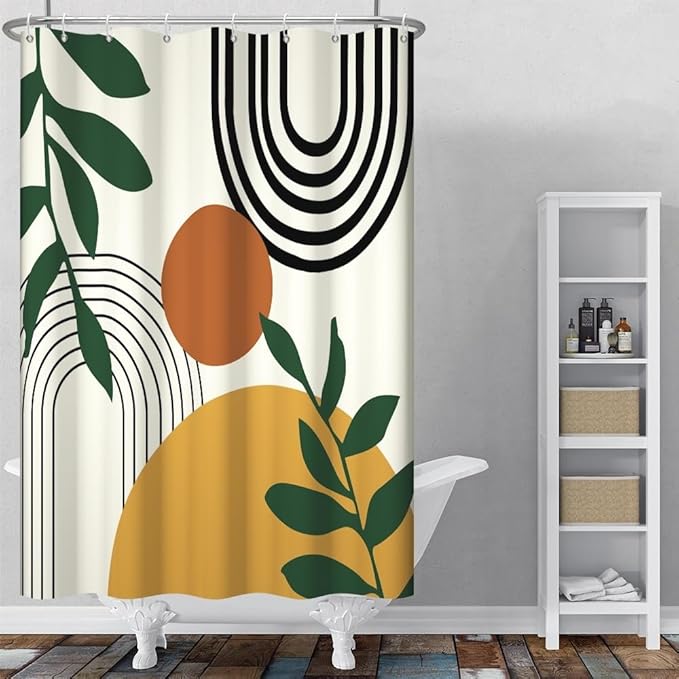 Boho Mid Century Shower Curtains for Bathroom Abstract Minimalist Bathroom Set Decor Stripes Palm Leaves Chic Aesthetic Bathtub Curtains Washable Waterproof Polyester Fabric with Hooks 48x72 Inch