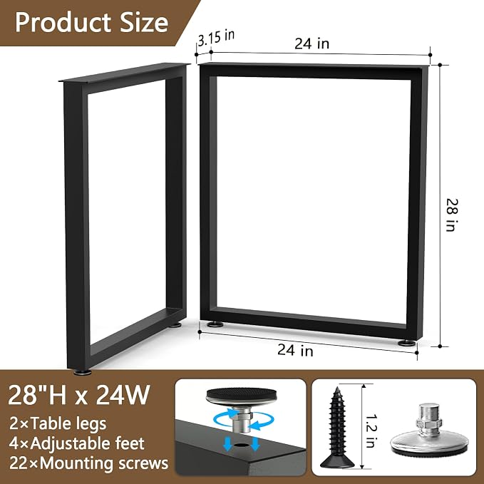 Table Legs 28" H x 24" W Metal Desk Legs Heavy Duty Black Set of 2 | for Dining Table Kitchen Table Office Desk Table Base Replacement，Includes adjustable leveling feet and screws (1,000 LBS )