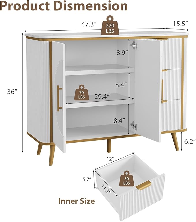 47.3" Modern Buffet Cabinet with Storage, Kitchen Sideboard Buffet with 2 Door & 3 Drawers, Fluted Caffee Bar Storage Cabinet for Dining Room, Living Room, Entryway, White