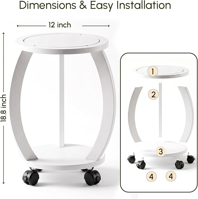 2 Tier Wooden Plant Stand Indoor with Wheels – Tall Plant Stand for 6-12 Inch Pots, Mid-Century Modern Rustic Plant Table Indoor, Pedestal Stand for Corner, Living Room, Balcony, White