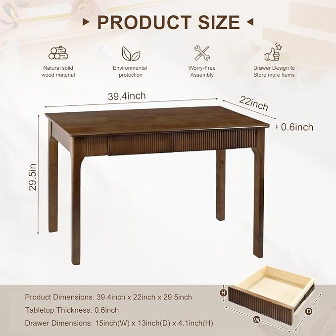 Solid Wood Desk with 2 Drawers,Mid Century Modern Fluted Writing Desk for Home Office,Bedroom,Living Room,Computer Table for Study/Work,oak wood,Easy Assembly. (Walnut, 39.4"L x 22"W x 29.5"H)