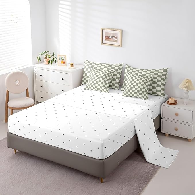 Erosebridal Plaid Twin Comforter Set 7 Piece Beige Sage Green Checkerboard Bed in A Bag with Sheets Geometric Checkered Bedding Set for Kids Boys Girls,Aesthetic Grid Bed Set