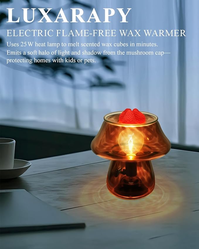 Mushroom Desk Lamp - Small Vintage Table Lamp for Bedroom, Office, Bedside, Nightstand | Translucent Glass, Boho Aesthetic Western Home Decor for Living Room & Kitchen (Without Wax Cubes)