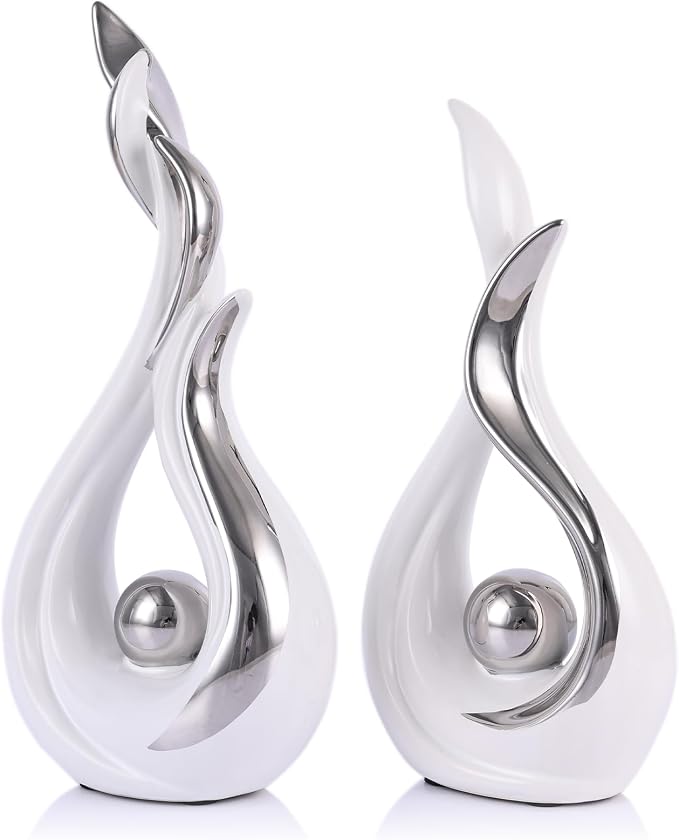 2PCS Abstract Flame Ceramic Sculpture Set – Modern Figurines for Living Room Table Centerpiece, Dining Table Decor, Bedroom Table Decor, Shelf Sculpture, Fireplace, and Home Decoration (White Silver)