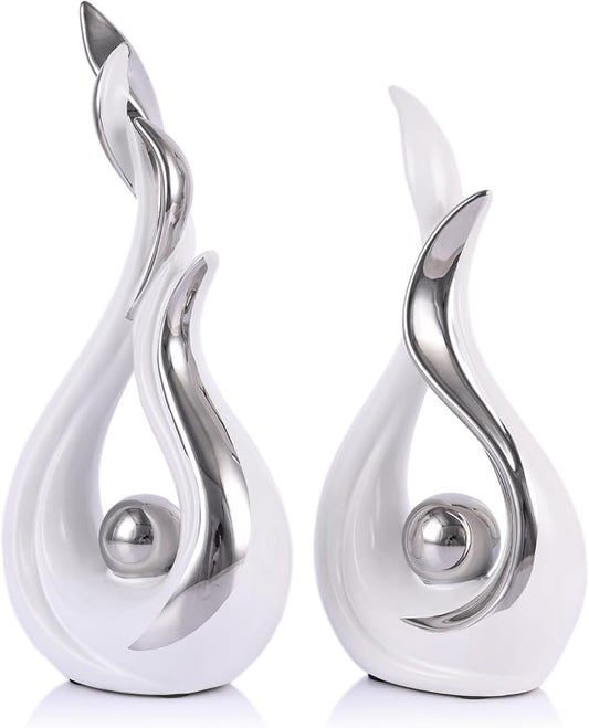 2PCS Abstract Flame Ceramic Sculpture Set – Modern Figurines for Living Room Table Centerpiece, Dining Table Decor, Bedroom Table Decor, Shelf Sculpture, Fireplace, and Home Decoration (White Silver)