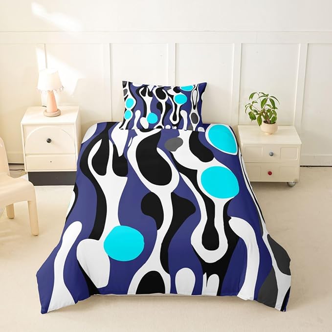 Erosebridal Organic Abstract Duvet Cover Set Modern Contemporary Twin Bedding Sets for Girls Little Boys Boho Mid Century Wavy Lines Comforter Cover Retro Geometric Bed Set,Dark Blue Cyan