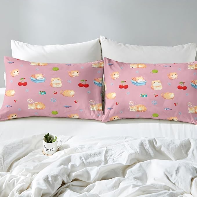 Erosebridal Pink Kitten Toddler Bedding Set Cute Pet Cats Animals Duvet Cover Cherry Comforter Cover for Kids Girls Boys Adults Cat Paw Print Bed Set