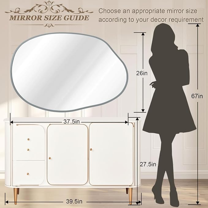 Large Irregular Wall Mirror Asymmetrical Mirror, 26"x37.5" Metal Framed Mirrors for Bathroom, Decorative Modern Wall Decor, Living Room, Entryway, Bedroom Gray