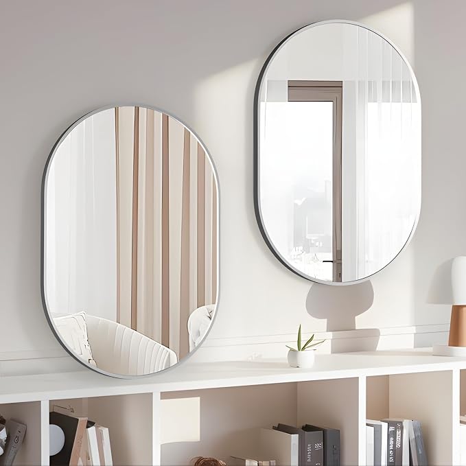 Oval Bathroom Mirror Wall Vanity Oval Mirrors, 2 Pieces 20"x30" Silver Bathroom Mirrors for Over Sink Pill Mirrors Capsule Wall Mounted Mirror, Modern Mirror with Metal Frame for Wall Decor