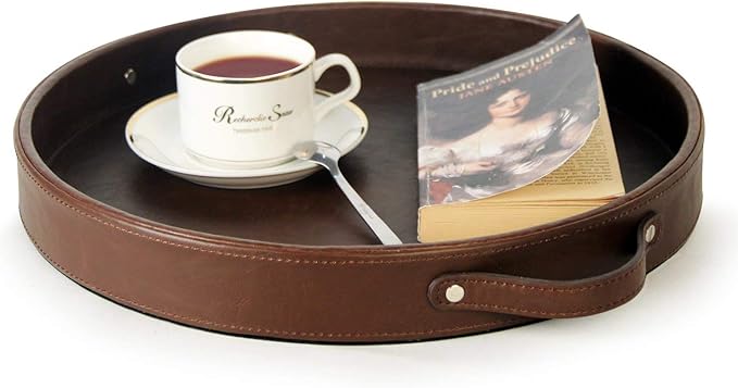 HofferRuffer Top Nocth PU Leather Round Serving Tray, Decorative Serving Tray with Handles, Coffee Tray, Ottoman Tray for Home Or Office, Diameter 14.6-inch, Brown