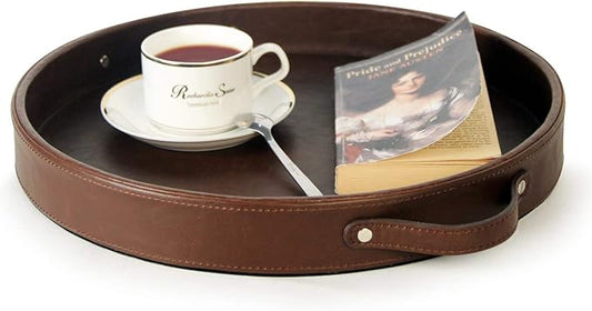 HofferRuffer Top Nocth PU Leather Round Serving Tray, Decorative Serving Tray with Handles, Coffee Tray, Ottoman Tray for Home Or Office, Diameter 14.6-inch, Brown