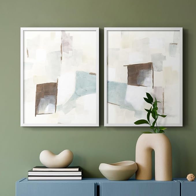 Renditions Gallery Set of 2 Peel & Stick Framed Prints, Abstract Wall Art, Minimalist Color Block Brush Strokes Wall Decor, Re-Stickable - Ready to Hang - 16"x20" - White Frame LT588