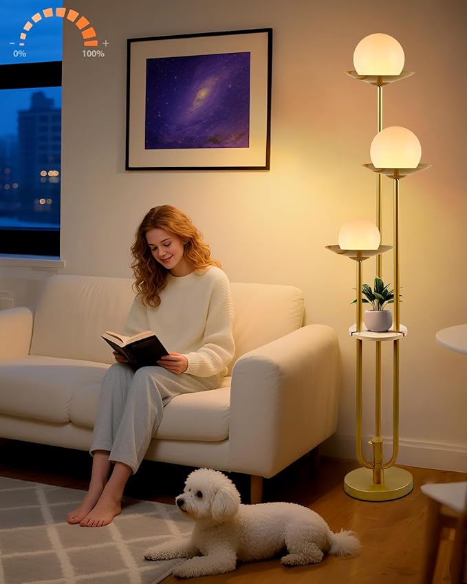 Lightdot 3-Light Globe Floor Lamp with Shelf Modern Dimmable Floor Lamps for Wedding/Party, 3000K Warm White Bulbs Included, Gold Tall Standing Lamp for Living Room/Bedroom/Sofa Beside/Corner Decor