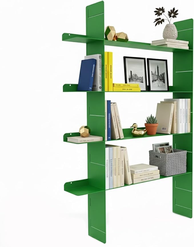 Metal Wall Mounted Floating Book Shelf, 4 Tier Storage Shelves, Easy Installation Display Shelf，Including 2 uprights+4 Shelves ，Storage Unit for Students, Housewives, and Collectors (Green)