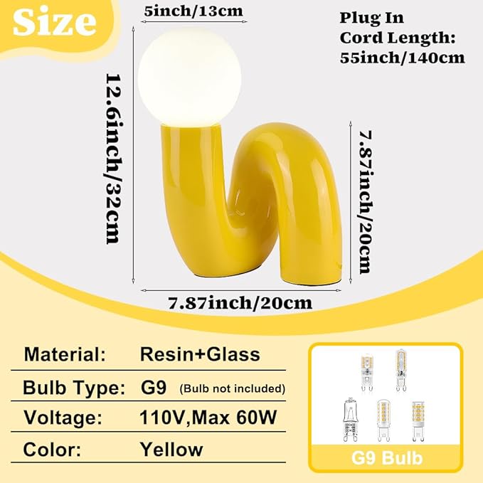 Modern Yellow Table Lamp Bauhaus Resin Table Light Aesthetics Milk White Globe Glass Light Fixtures for Bedside Bedroom Living Room Kid’s Room Corner Office