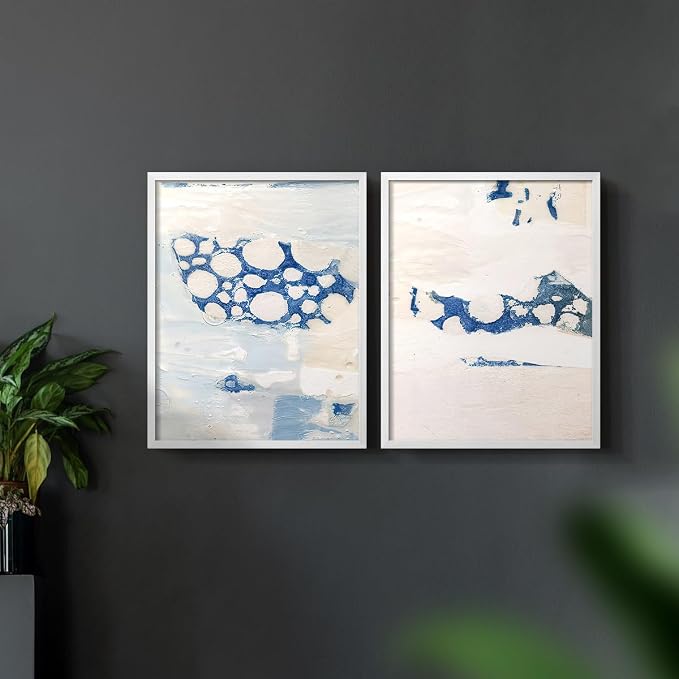 Renditions Gallery Set of 2 Peel & Stick Framed Prints, Textured Abstract Wall Art, White Blue Bubble Like Pattern Wall Decor, Re-Stickable - Ready to Hang - 16"x20" - White Frame LT588